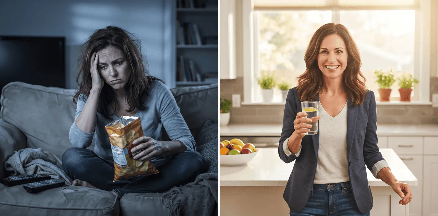 Before: woman exhausted on couch eating chips at night. After: same woman energetic and smiling in a bright kitchen holding water