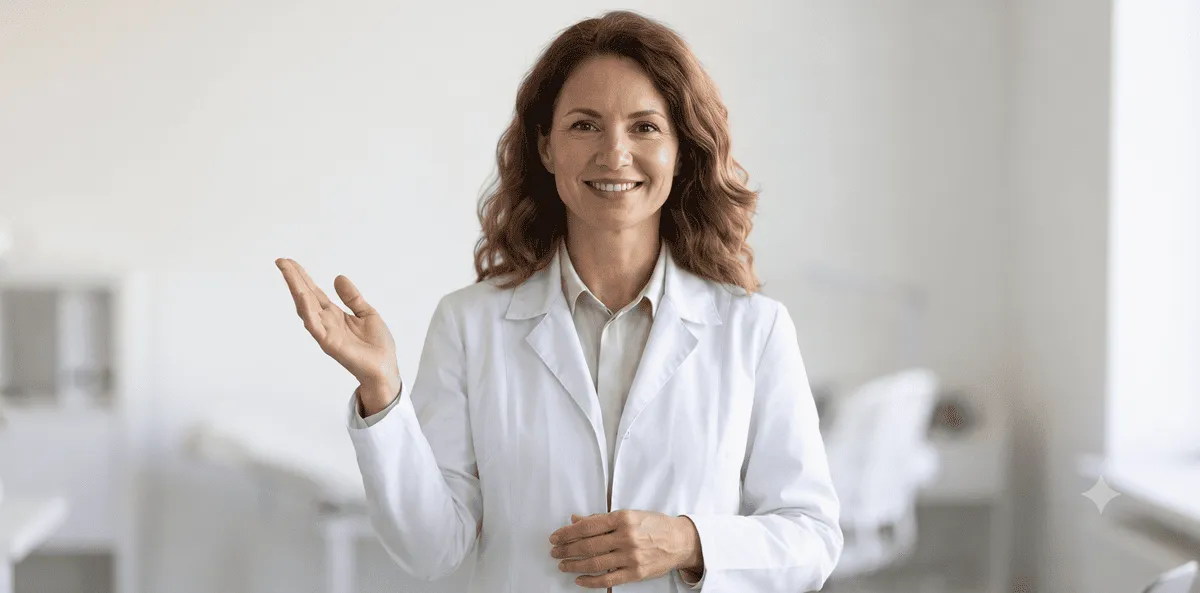 Friendly doctor in white coat explaining GLP-1 Plus supplement science