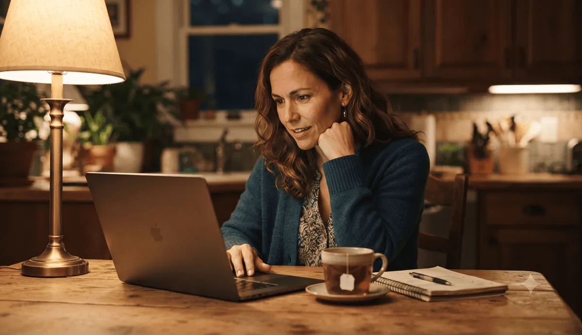 Jennifer researching GLP-1 Plus on her laptop at home late at night