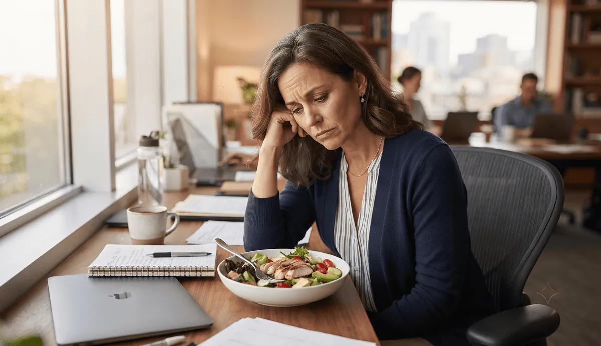 Woman at office desk looking frustrated at her healthy lunch, still feeling hungry